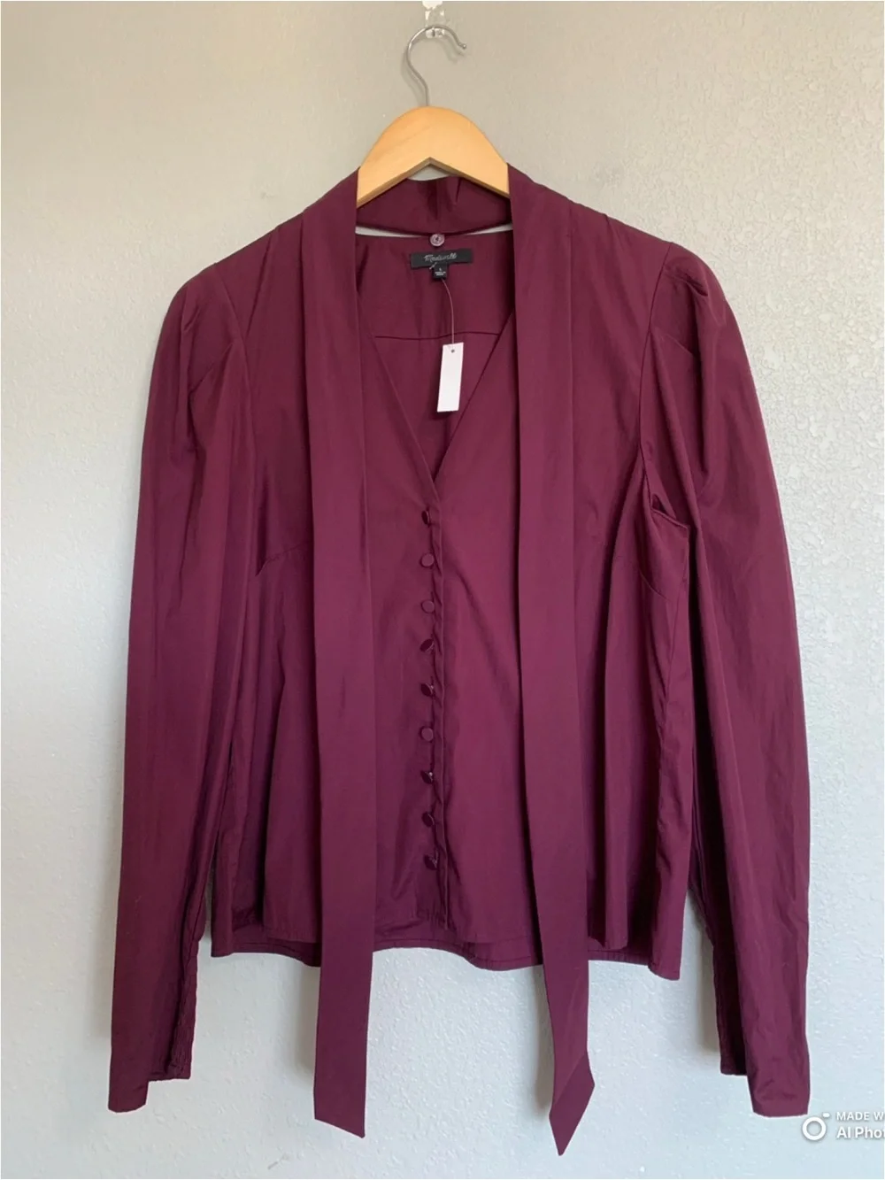 Madewell Large V-Neck Button Front Top With Neck Tie in Dark Pomegranate NWT